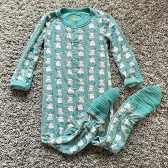 Clover Teal Bamboo Little Bunny Rabbit Easter Spring Snap Footie Sleeper Pajama - Picture 1 of 5